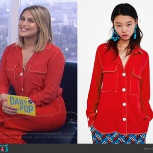 Zara Woman button up shirt with white stitches red XS